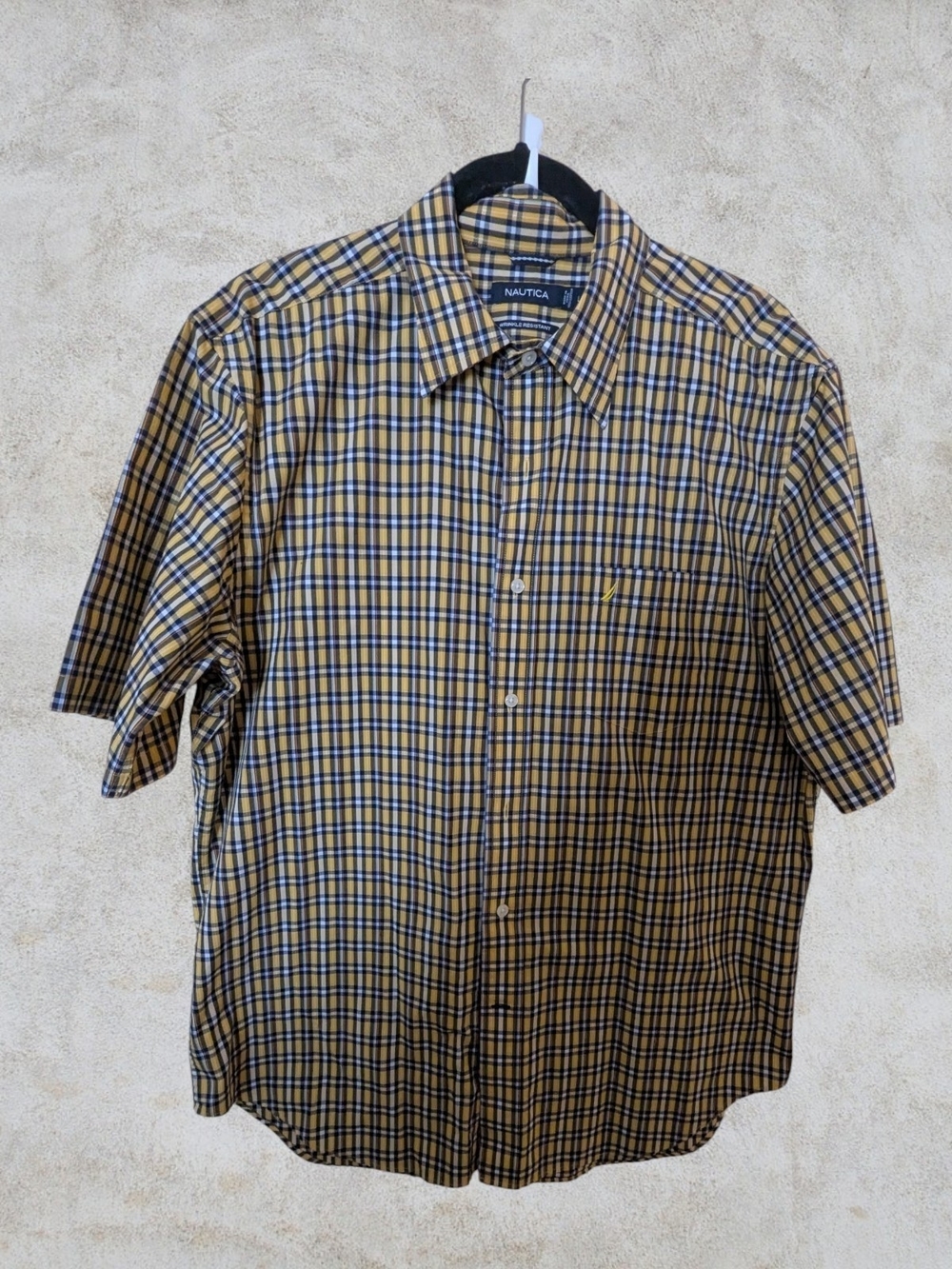 Nautica Navy Yellow Plaid Sports Shirt Short Sleeved Excellent Used Condition L